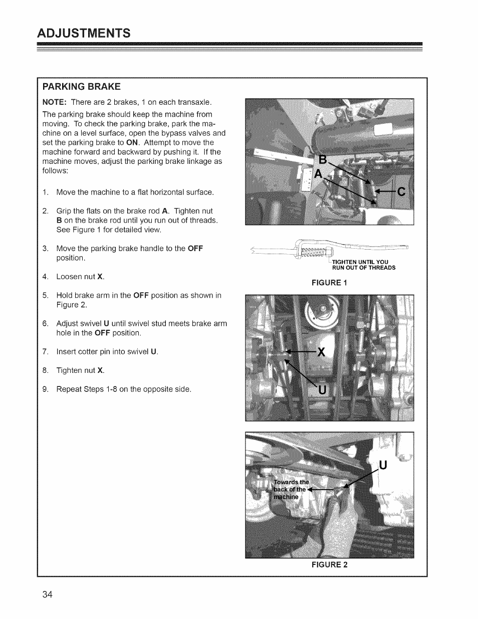 Adjustments, Parking brake | Craftsman 127.28876 User Manual | Page 36 / 77