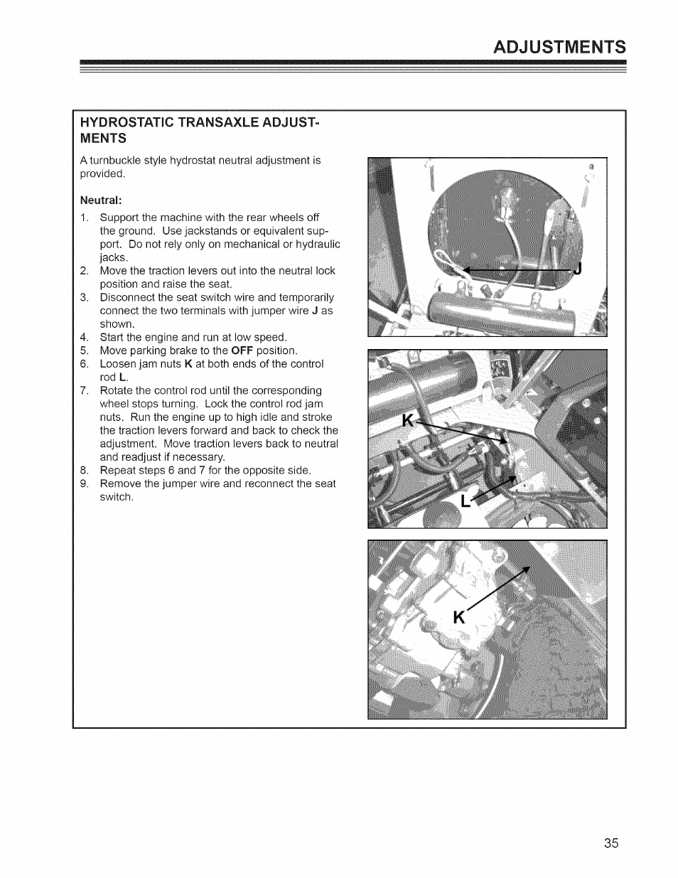 Adjustments, Hydrostatic transaxle adjust­ ments | Craftsman 127.28876 User Manual | Page 37 / 77