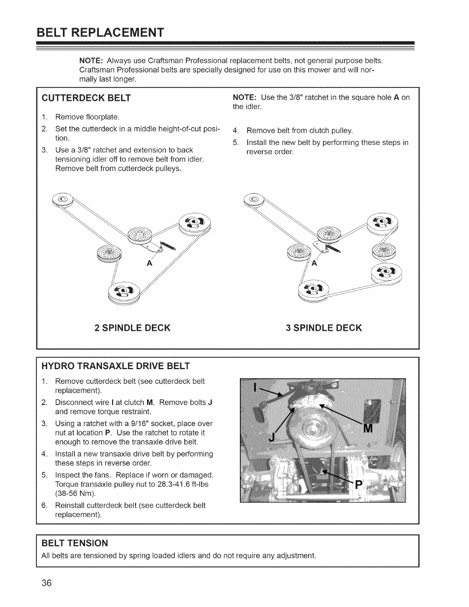 Belt replacement, Cutterdeck belt, Hydro transaxle drive belt | Belt tension | Craftsman 127.28876 User Manual | Page 38 / 77