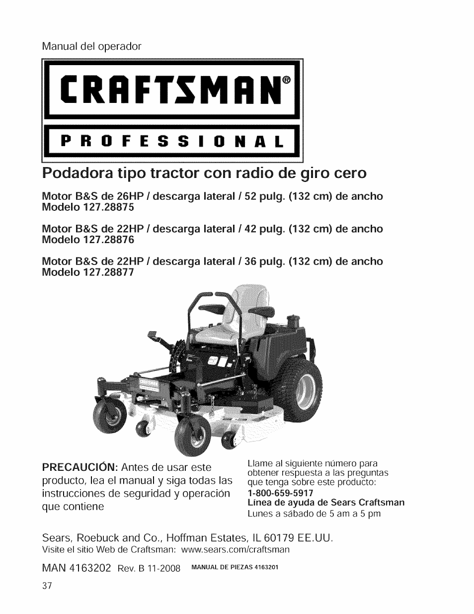 Crrftsmrn, Podadera tipo tractor con radio de giro cero | Craftsman 127.28876 User Manual | Page 39 / 77