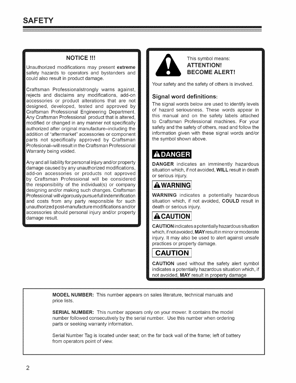 This symbol means: attention! become alert, Signal word definitions, Warning | Acaution, Caution, Safety, Ik danger | Craftsman 127.28876 User Manual | Page 4 / 77