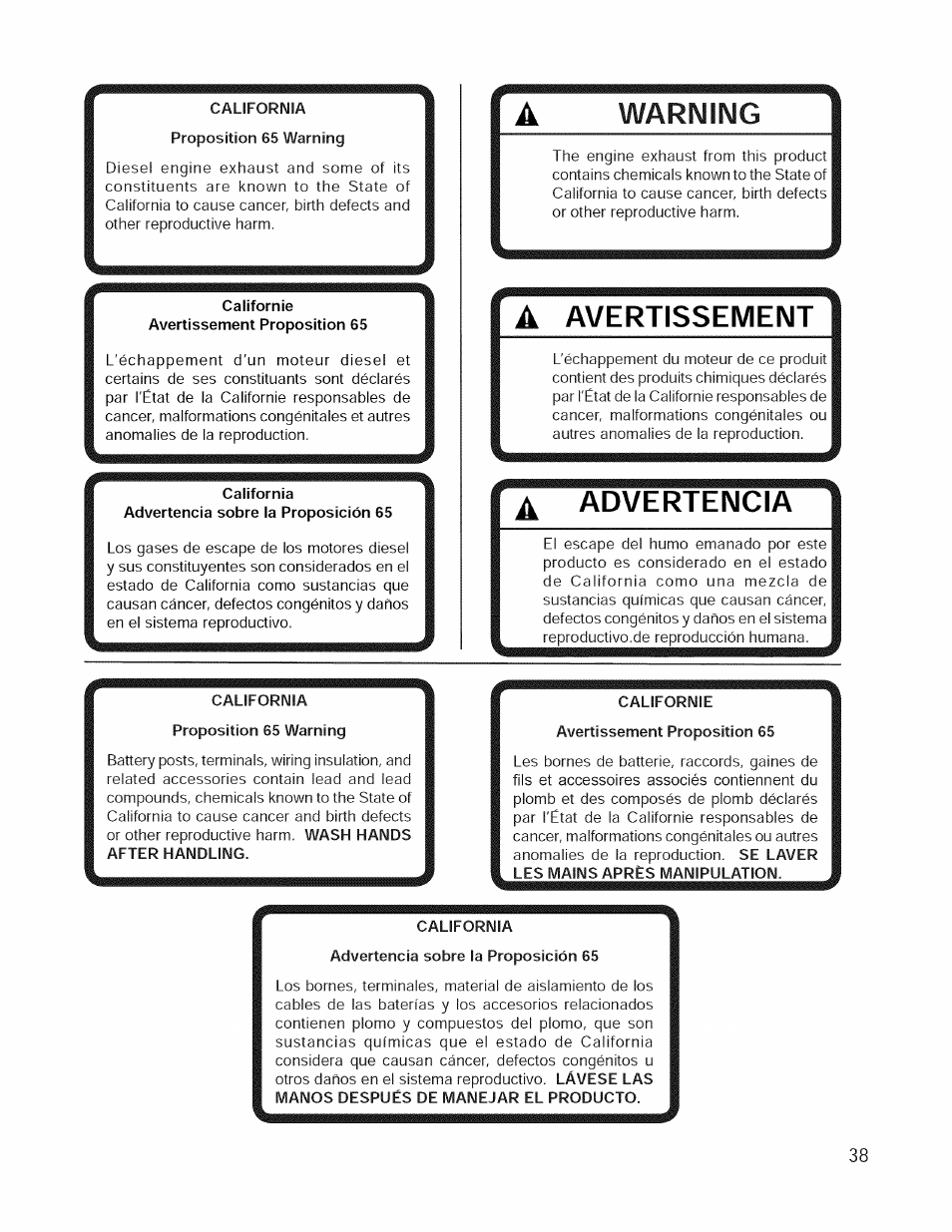 Warning, À avertissement, 4 advertencia | Craftsman 127.28876 User Manual | Page 40 / 77