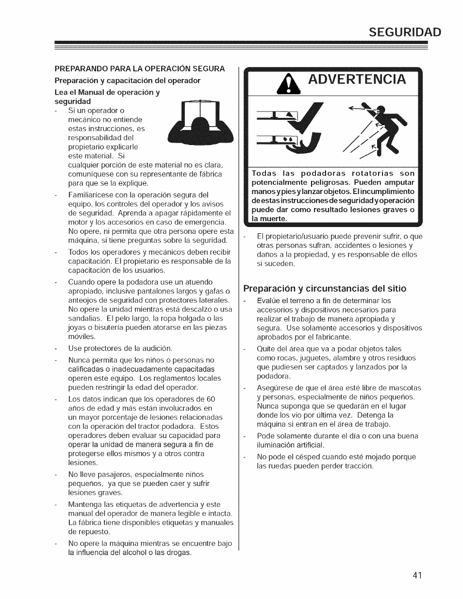 Preparación y circunstancias del sitio, Advertencia, Seguridad | Craftsman 127.28876 User Manual | Page 43 / 77