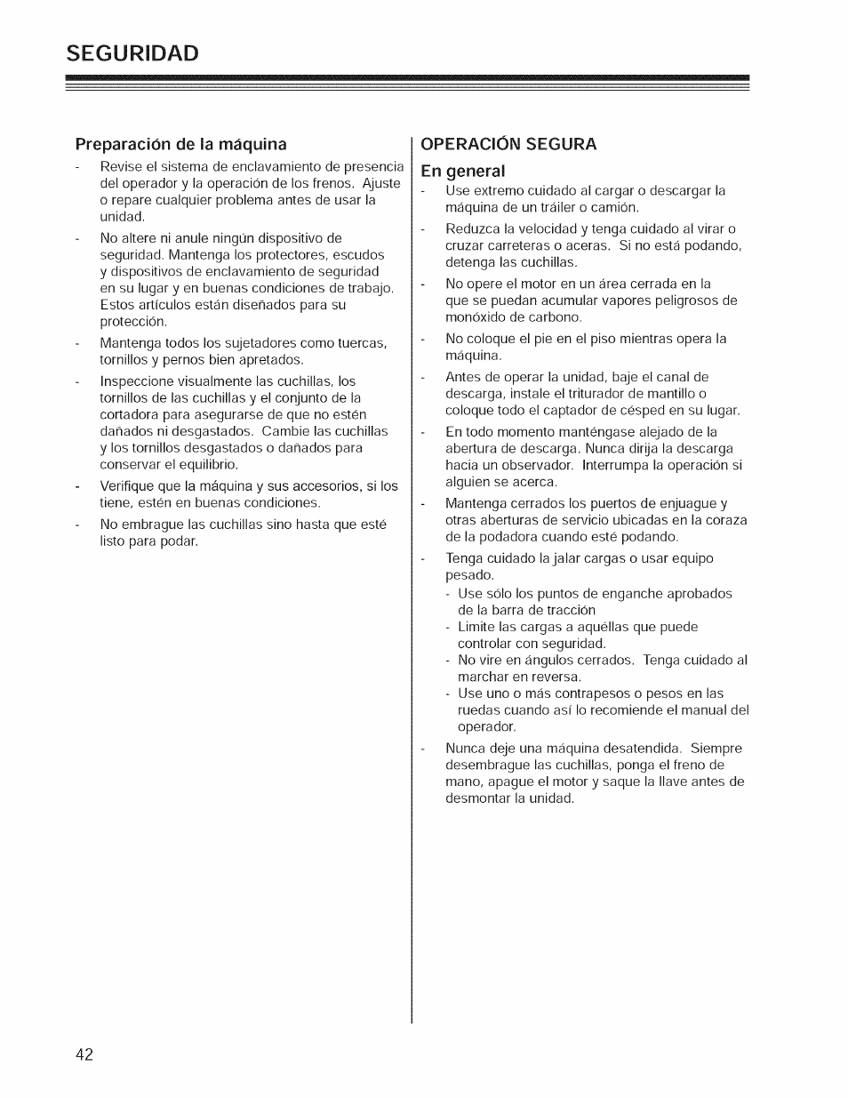 Preparación de la máquina, Operación segura en general, Seguridad | Craftsman 127.28876 User Manual | Page 44 / 77