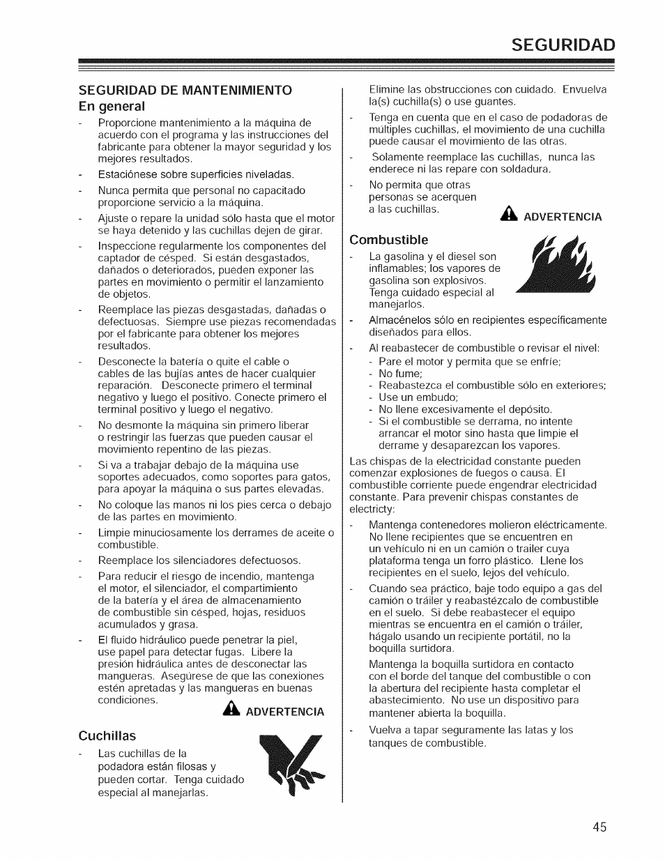 Seguridad de mantenimiento en general, Iá advertencia, Cuchillas | Combustible, Seguridad | Craftsman 127.28876 User Manual | Page 47 / 77