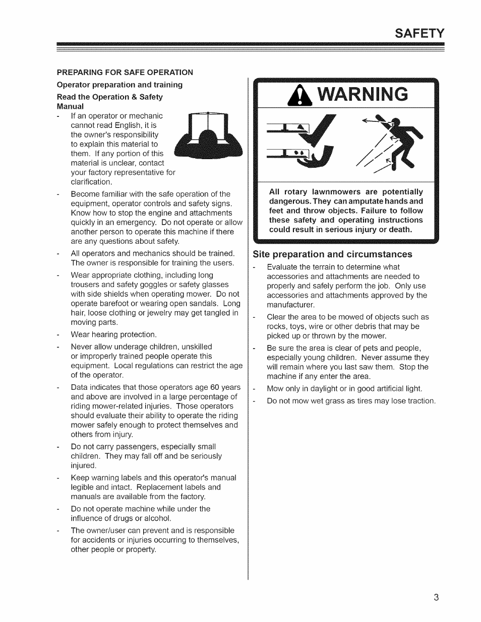 Site preparation and circumstances, Warning, Safety | Craftsman 127.28876 User Manual | Page 5 / 77