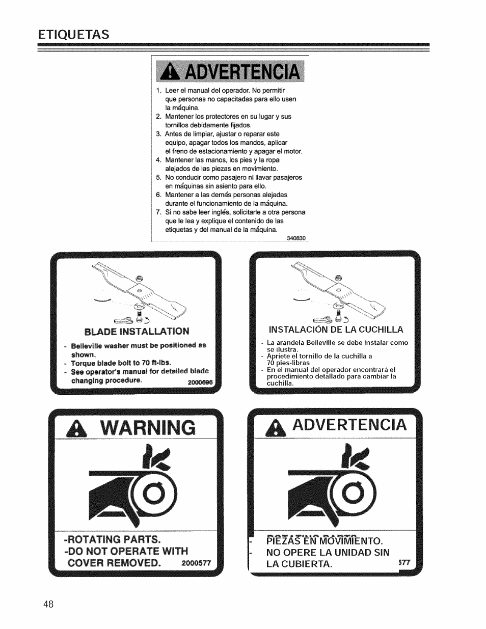 Advertencia, Warning, Advertenci | Etiquetas | Craftsman 127.28876 User Manual | Page 50 / 77