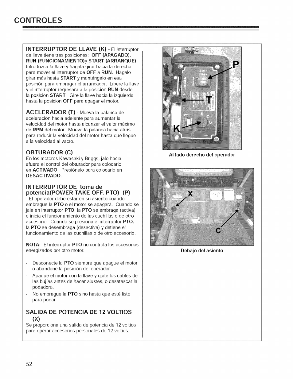 Obturador (c), Salida de potencia de 12 voltios, Controles | Craftsman 127.28876 User Manual | Page 54 / 77