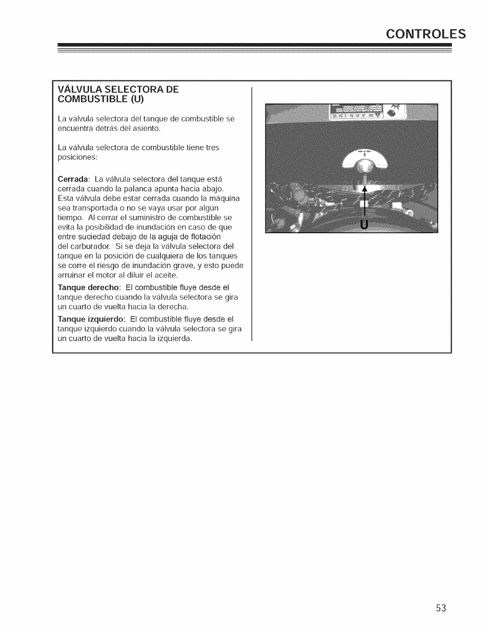 Válvula selectora de combustible (u), Controles | Craftsman 127.28876 User Manual | Page 55 / 77