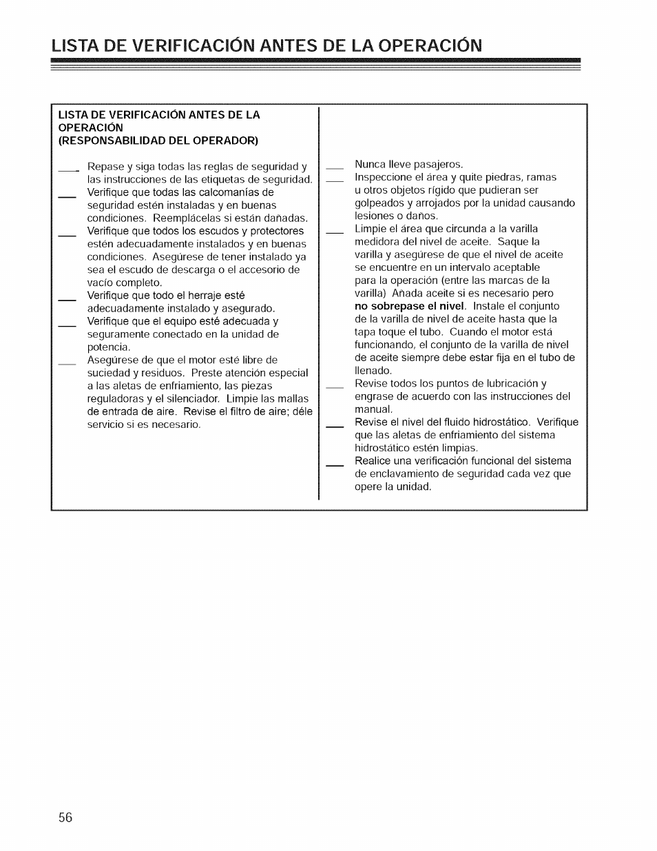 Lista de verificaciólm antes de la operación | Craftsman 127.28876 User Manual | Page 58 / 77