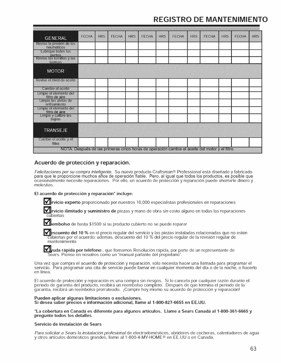 Acuerdo de protección у reparación, Registro de manteimilviieimto | Craftsman 127.28876 User Manual | Page 65 / 77