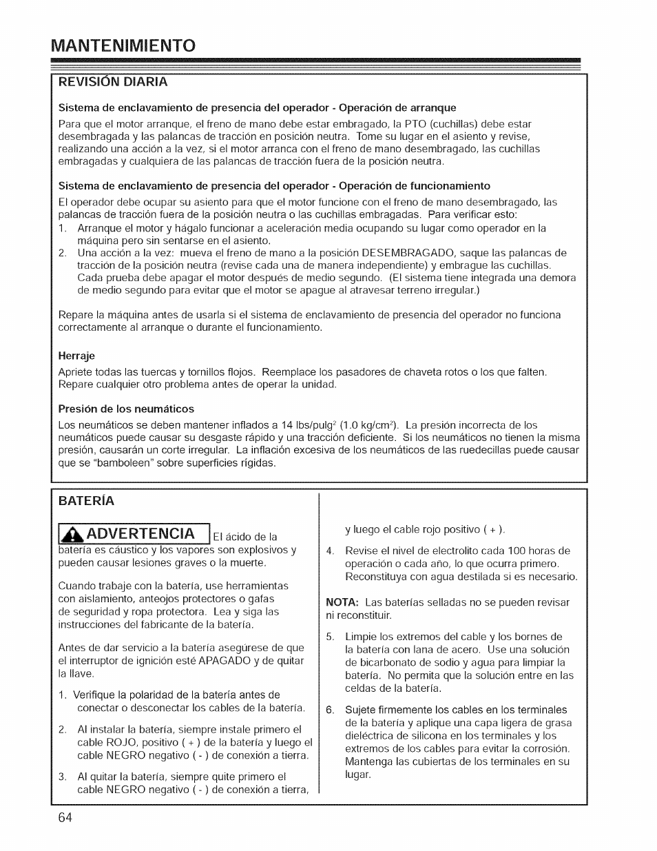 Revisión diaria, Batería, Manteimilviieimto | Jkadverteimcía | Craftsman 127.28876 User Manual | Page 66 / 77