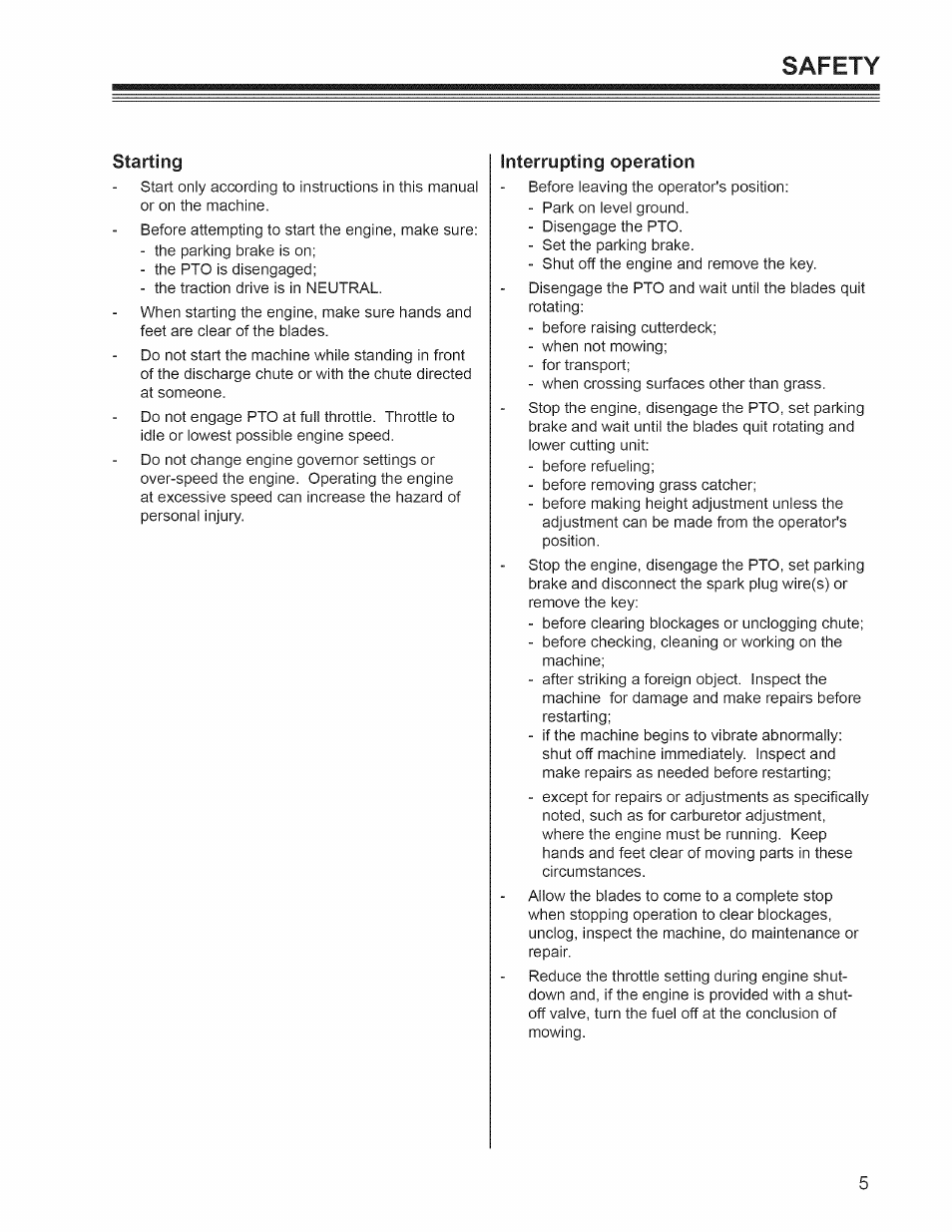 Interrupting operation, Safety | Craftsman 127.28876 User Manual | Page 7 / 77