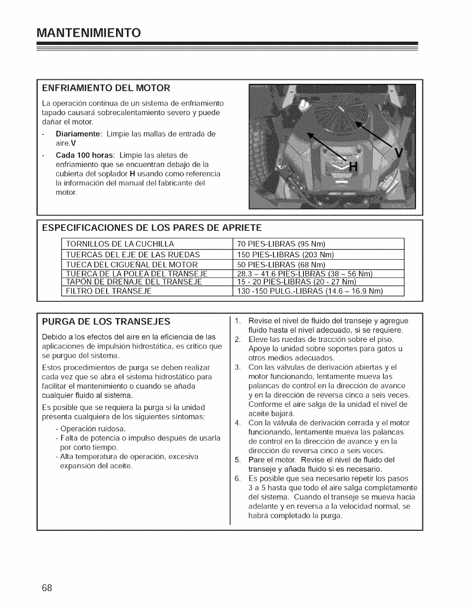 Eimfriamieimto del motor, Especificacioimes de los pares de apriete, Purga de los traimsejes | Manteimilviieimto | Craftsman 127.28876 User Manual | Page 70 / 77