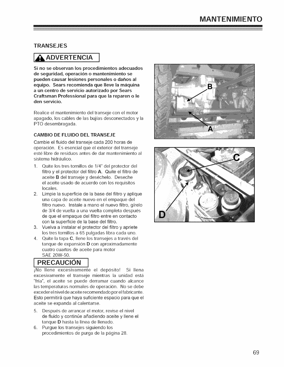 Precaución, Manteimilviieimto, Aadvertencia | Craftsman 127.28876 User Manual | Page 71 / 77