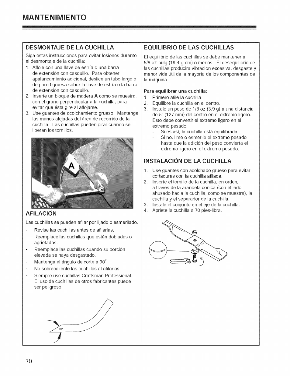 Desmontaje de la cuchilla, Afilación, Equilibrio de las cuchillas | Instalación de la cuchilla, Manteimilviieimto | Craftsman 127.28876 User Manual | Page 72 / 77