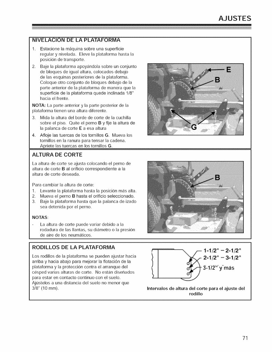 Nivelacion de la plataforma, Altura de corte, Rodillos de la plataforma | Ajustes | Craftsman 127.28876 User Manual | Page 73 / 77