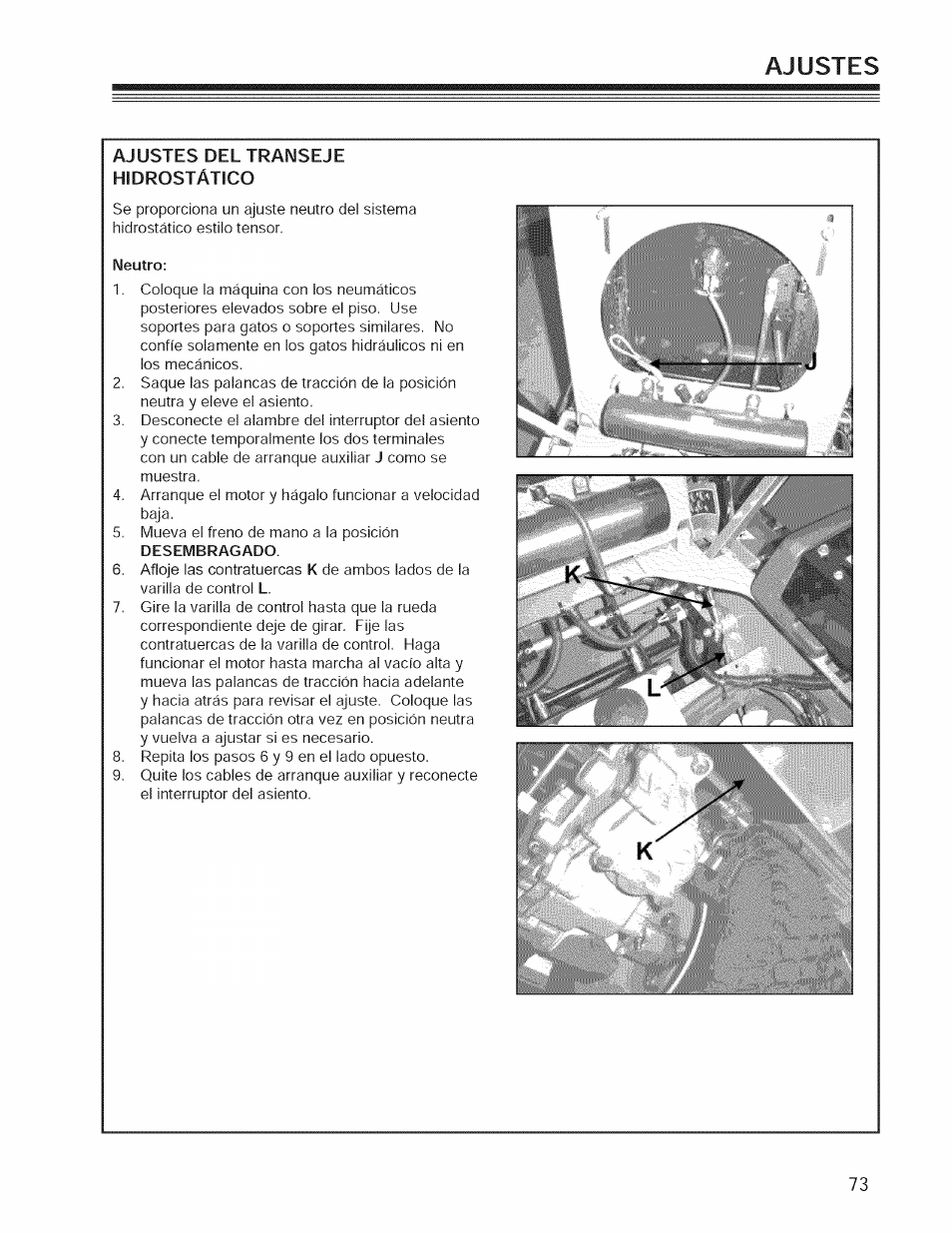 Ajustes del traimseje hidrostático, Ajustes | Craftsman 127.28876 User Manual | Page 75 / 77