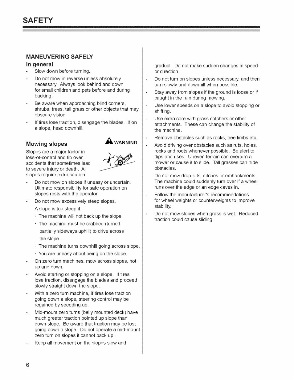 Maneuvering safely, Mowing slopes a warning, Safety | Craftsman 127.28876 User Manual | Page 8 / 77