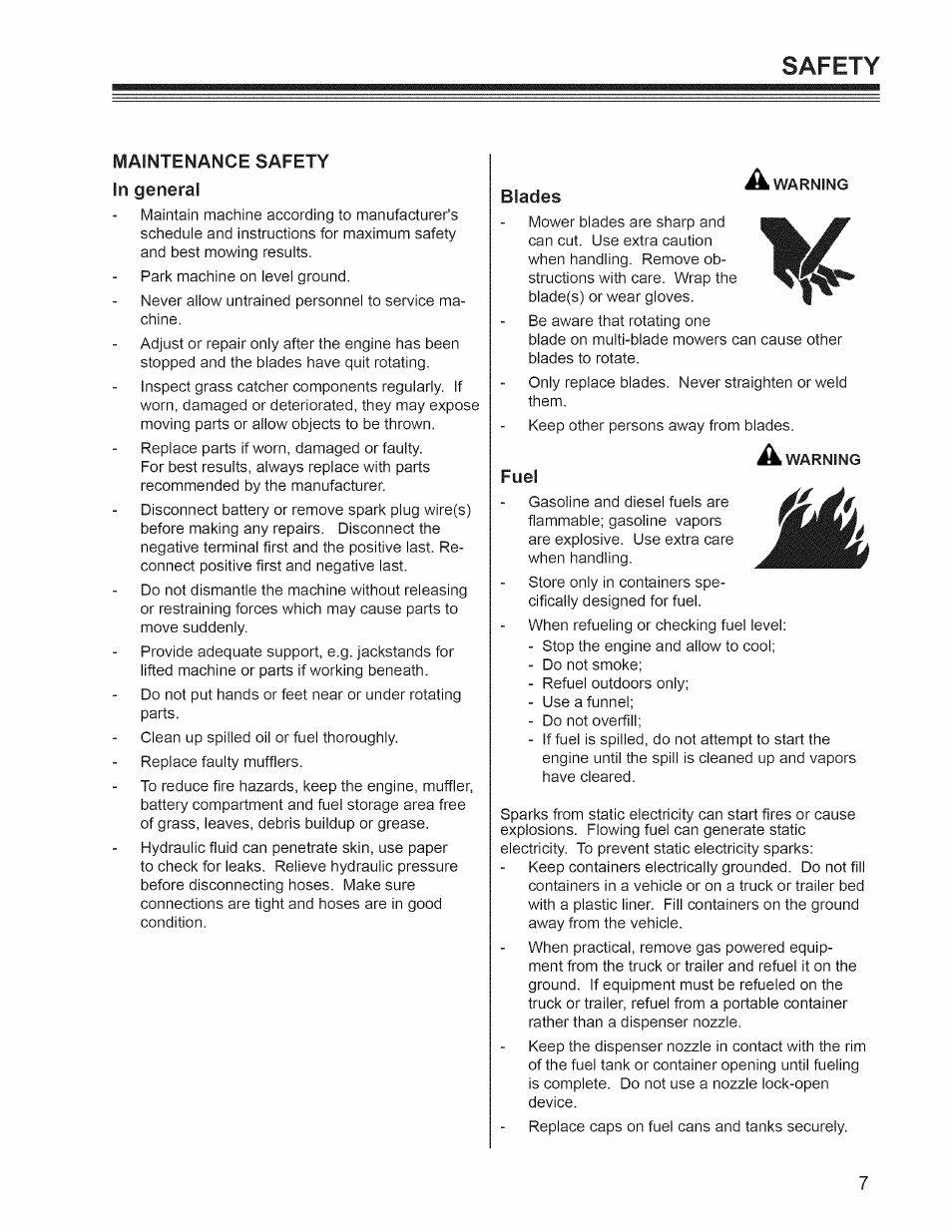 Maintenance safety, Fuel, Maintenance chart | Safety | Craftsman 127.28876 User Manual | Page 9 / 77