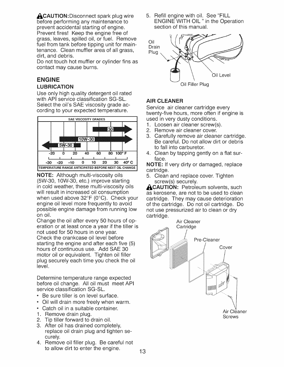 Engine, Lubrication, Air cleaner | Craftsman 917.299210 User Manual | Page 13 / 48