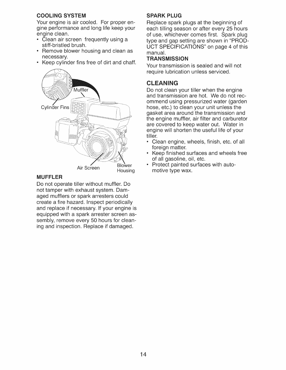 Cooling system, Spark plug, Transmission | Cleaning | Craftsman 917.299210 User Manual | Page 14 / 48