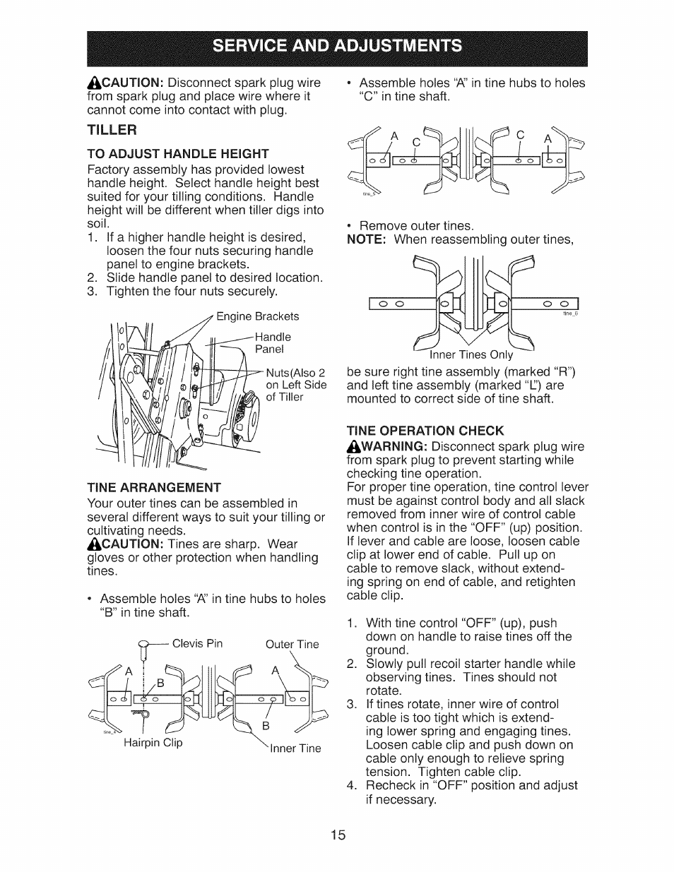 Service and adjustments, Tiller, To adjust handle height | Tine arrangement | Craftsman 917.299210 User Manual | Page 15 / 48