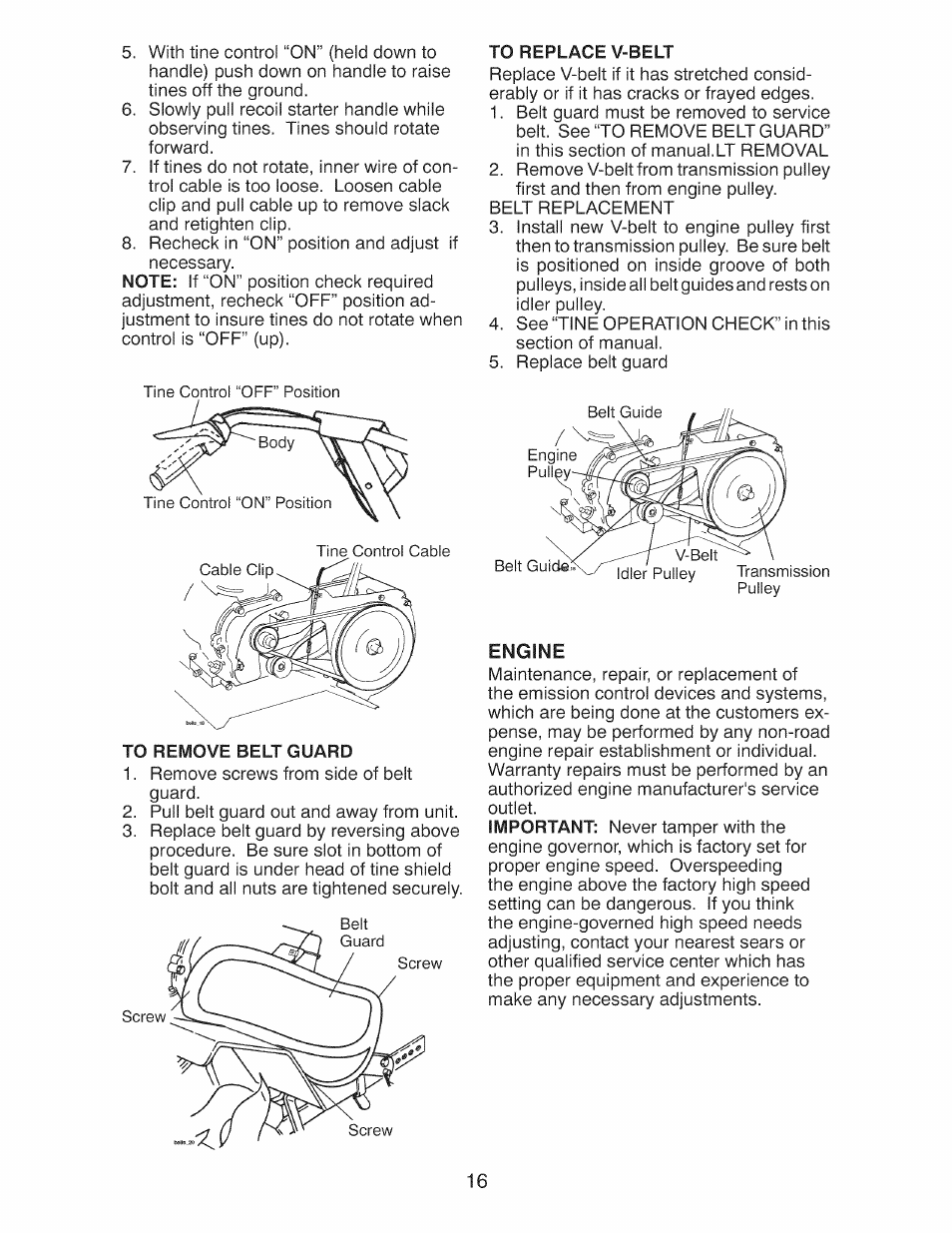 To remove belt guard, To replace v-belt, Engine | Craftsman 917.299210 User Manual | Page 16 / 48