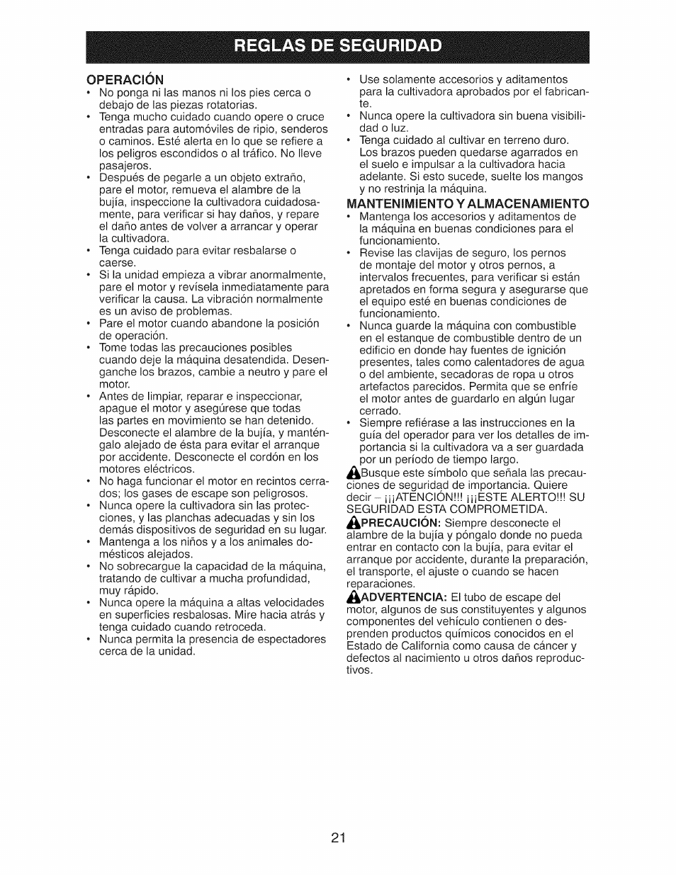 Reglas de seguridad, Operacion, Mantenimiento y almacenamiento | Craftsman 917.299210 User Manual | Page 21 / 48