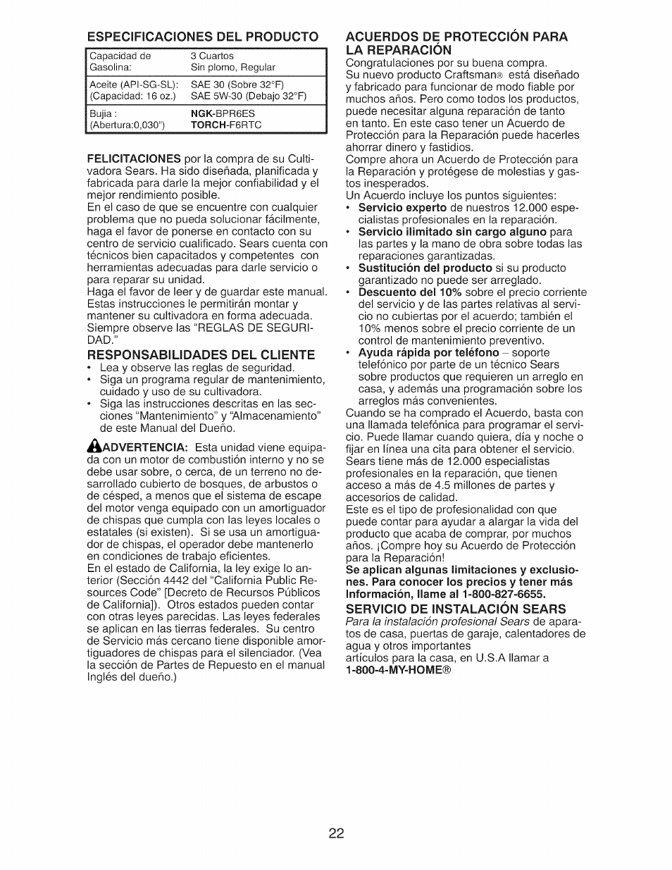 Responsabilidades del cliente, Acuerdos de proteccion para la reparación | Craftsman 917.299210 User Manual | Page 22 / 48