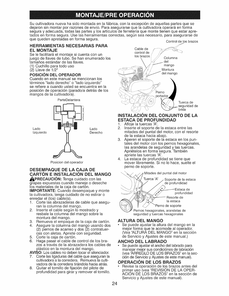 Montaje/pre operacion, Instalación del conjunto de la, Estaca de profundidad | Altura del mango, Ancho del labrado, Operación de los brazos, Montaje/pre operación | Craftsman 917.299210 User Manual | Page 24 / 48