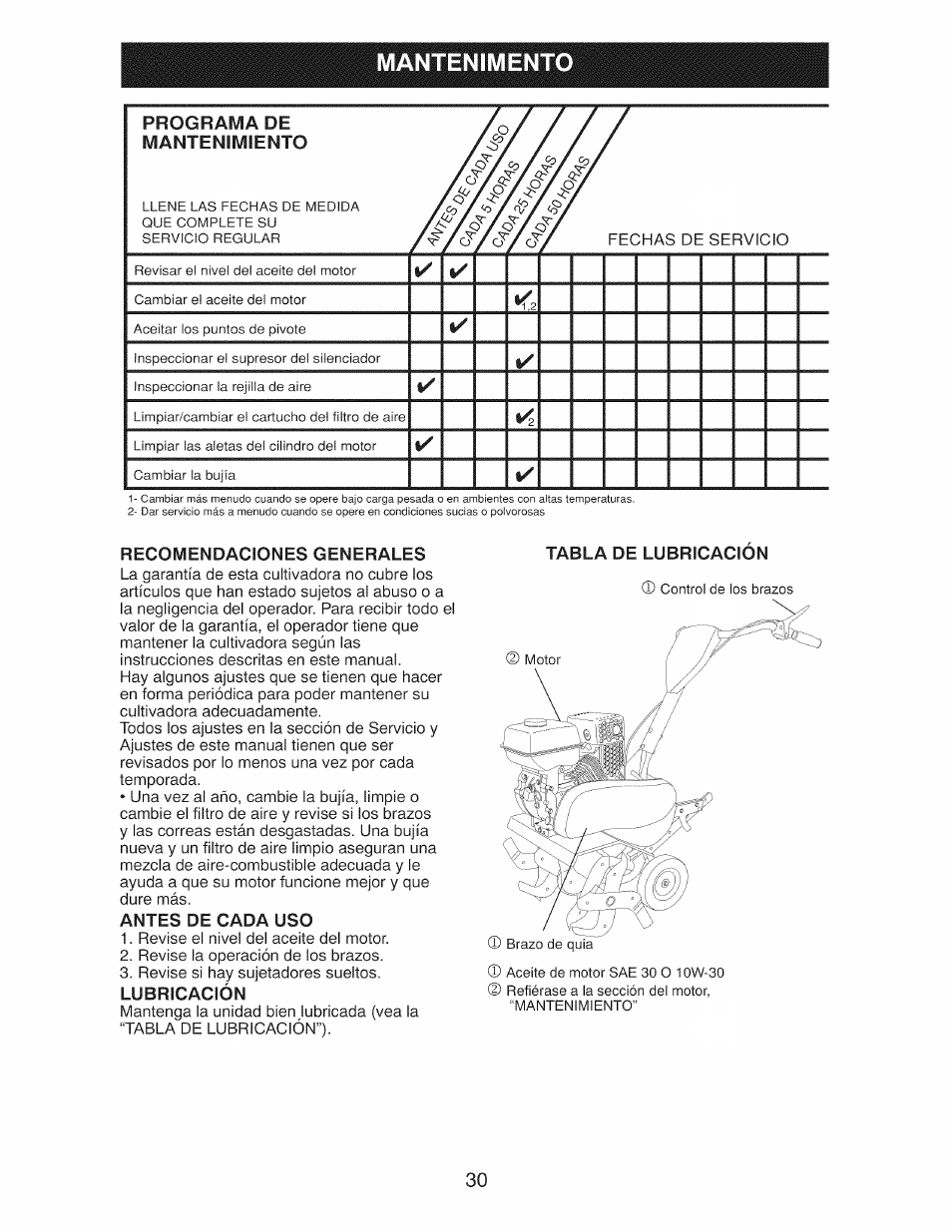 Mantenimento, Programa de mantenimiento, Recomendaciones generales | Antes de cada uso, Lubricación, Mantenimiento | Craftsman 917.299210 User Manual | Page 30 / 48