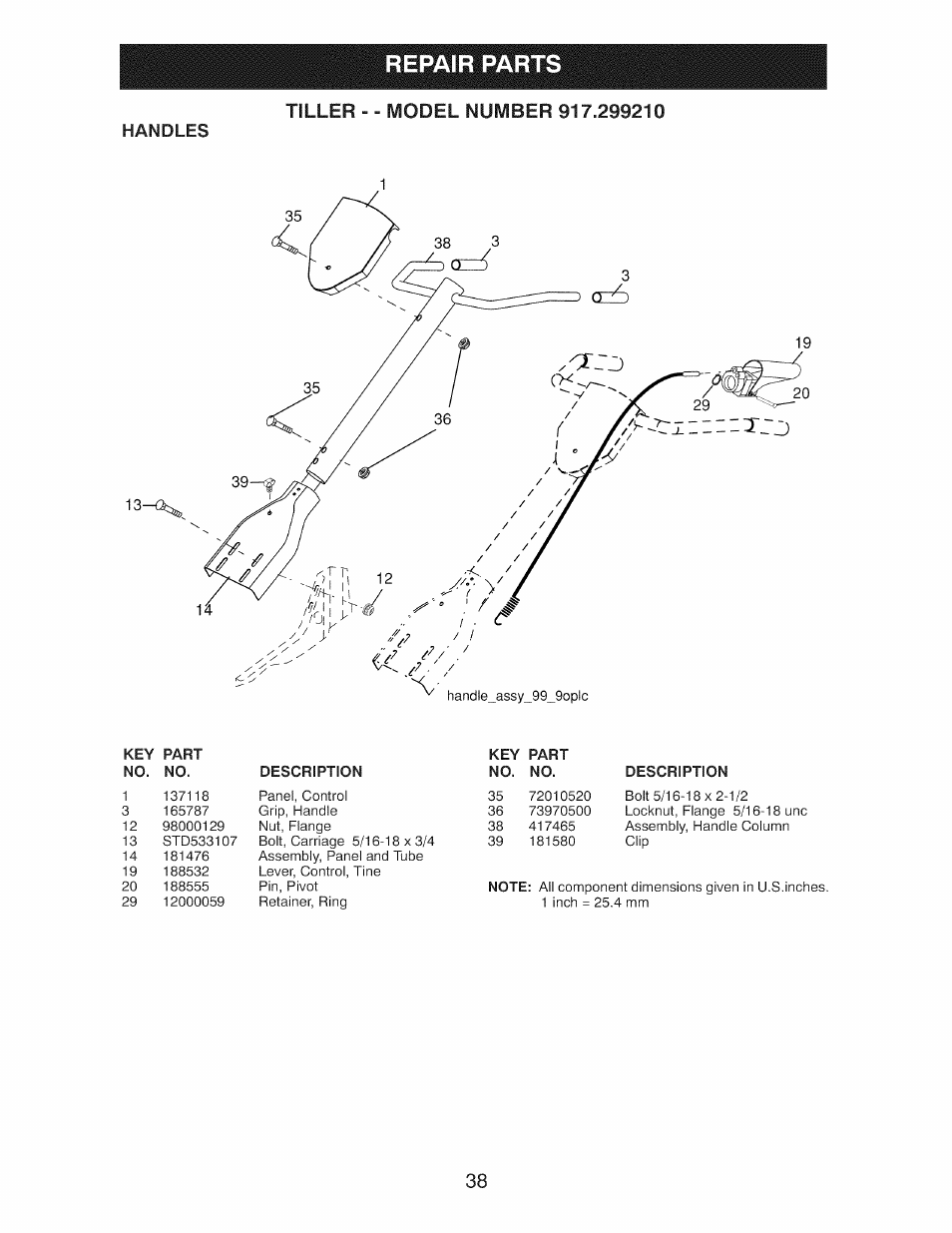 Repair parts, Handles | Craftsman 917.299210 User Manual | Page 38 / 48