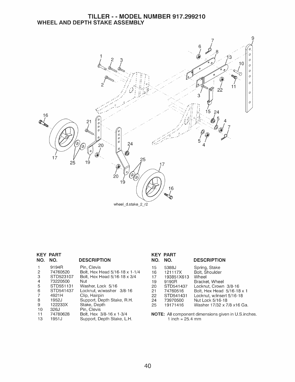 Wheel and depth stake assembly | Craftsman 917.299210 User Manual | Page 40 / 48