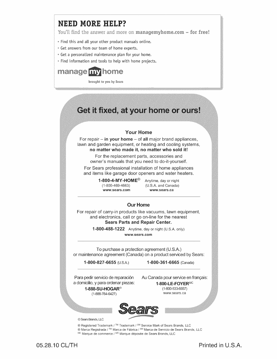 Meed more help, Get it fixed, at your home or ours, 10 cl/th printed in u.s.a | Craftsman 917.299210 User Manual | Page 48 / 48