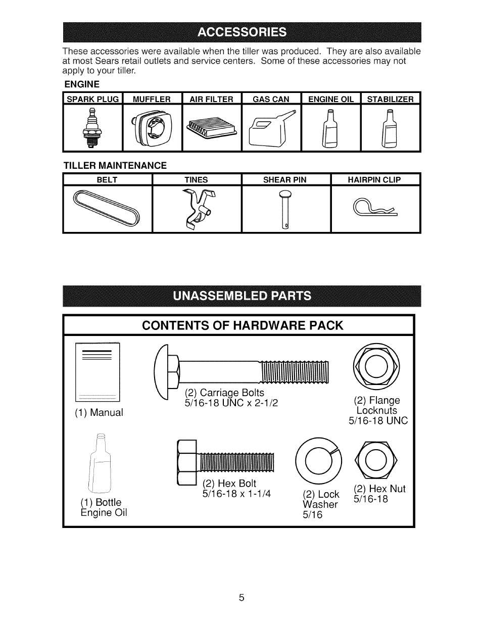 Accessories, Engine, Unassembled parts | Craftsman 917.299210 User Manual | Page 5 / 48