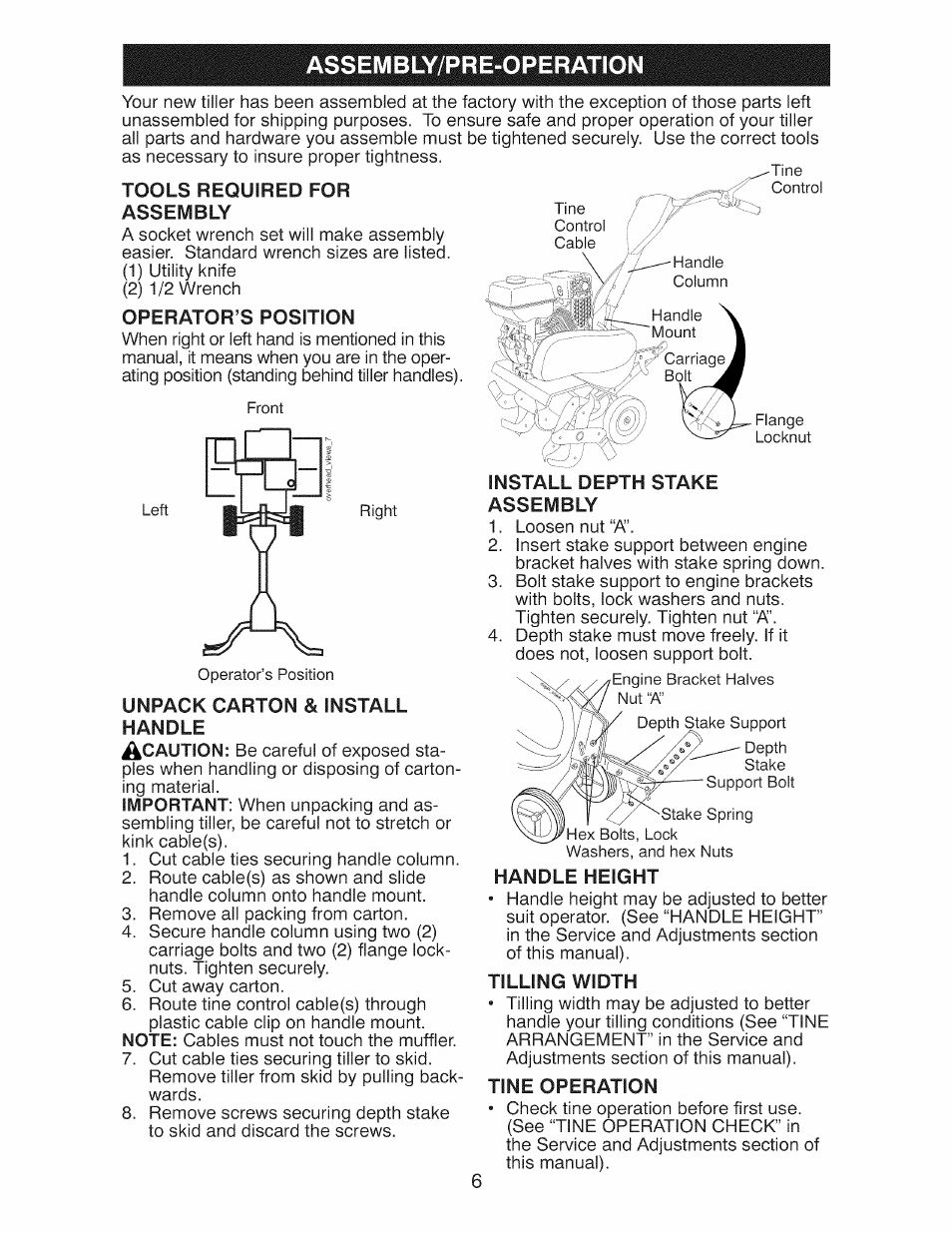 Assembly/pre-operation, Tools required for assembly, Operator’s position | Unpack carton & install handle, Install depth stake assembly, Handle height, Tilling width, Tine operation | Craftsman 917.299210 User Manual | Page 6 / 48