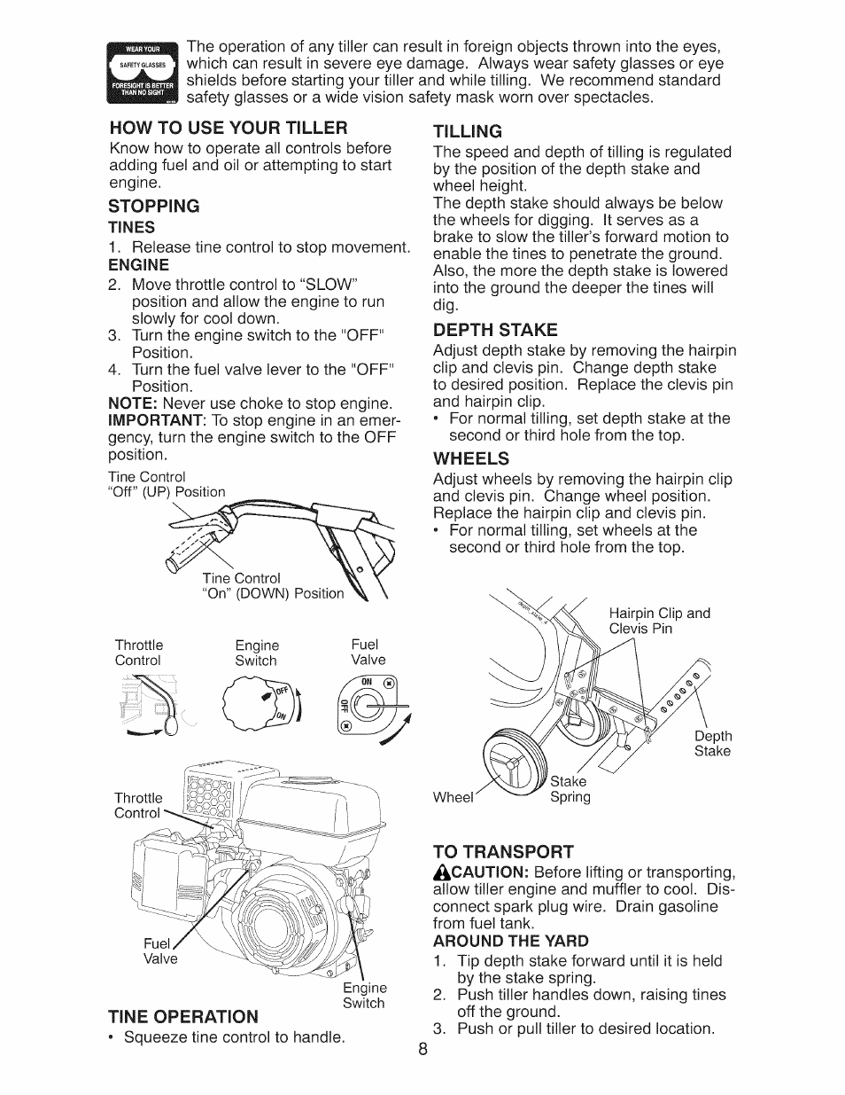 How to use your tiller, Stopping, Tines | Tine operation, Tilling, Depth stake, Wheels, To transport, Around the yard 1 | Craftsman 917.299210 User Manual | Page 8 / 48