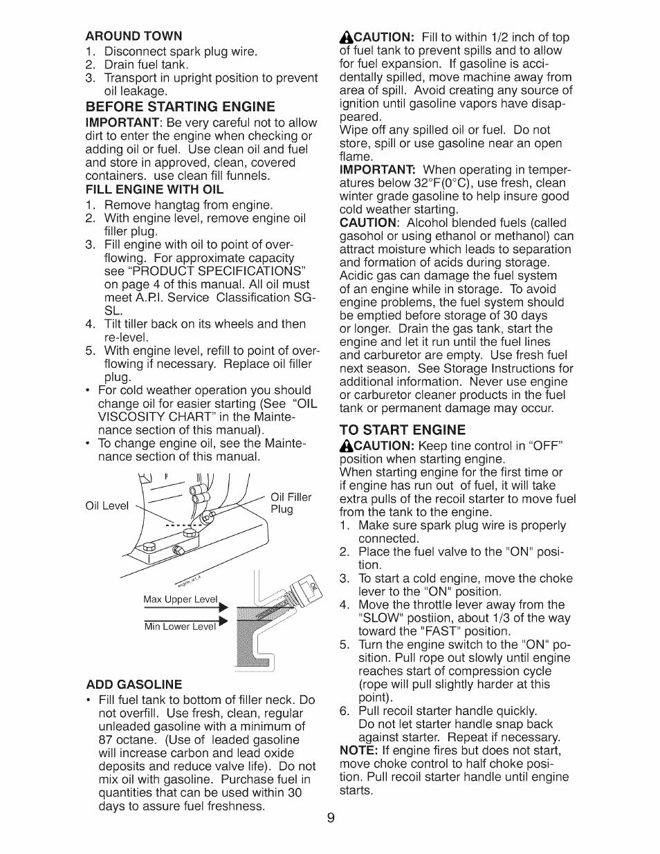 Around town, Before starting engine, Fill engine with oil | Add gasoline | Craftsman 917.299210 User Manual | Page 9 / 48