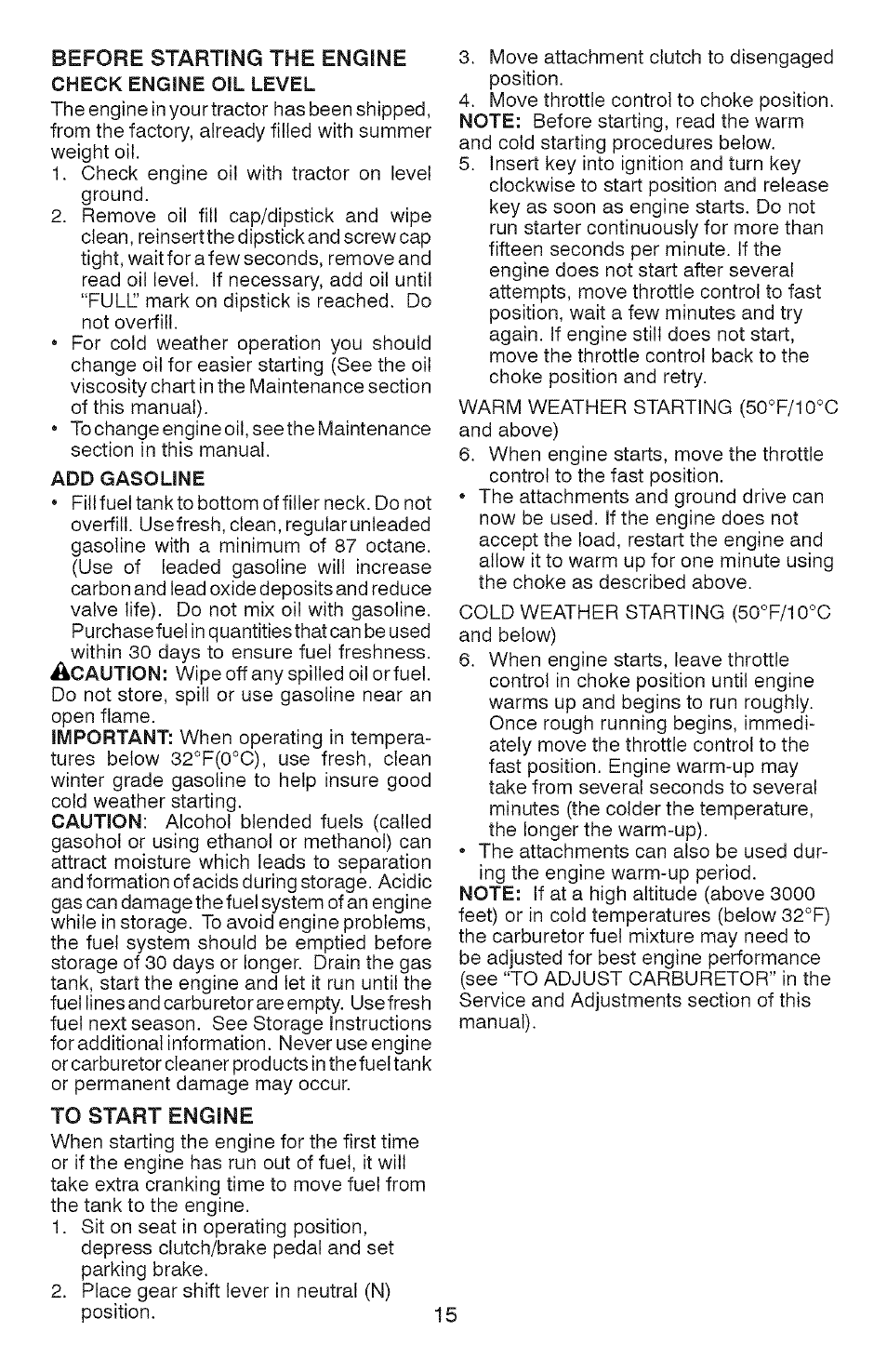 Before starting the engine check engine oil level, To start engine | Craftsman 917.28907 User Manual | Page 15 / 64