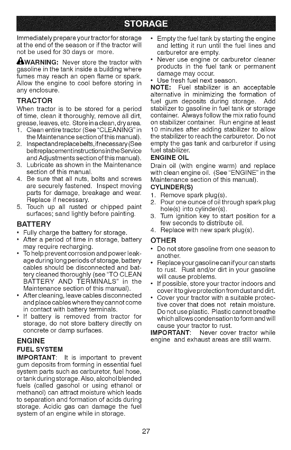 Storage, Tractor, Battery | Other | Craftsman 917.28907 User Manual | Page 27 / 64