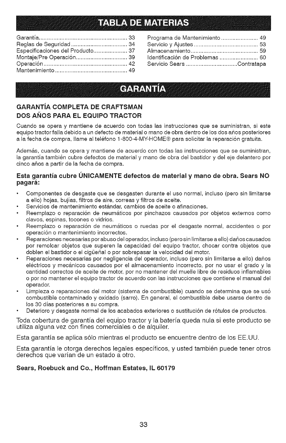 Tabla de materias, Garantía | Craftsman 917.28907 User Manual | Page 33 / 64