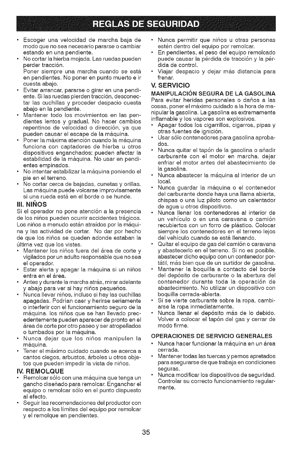 Manipulación segura de la gasolina, Operaciones de servicio generales, Reglas de seguridad | Craftsman 917.28907 User Manual | Page 35 / 64
