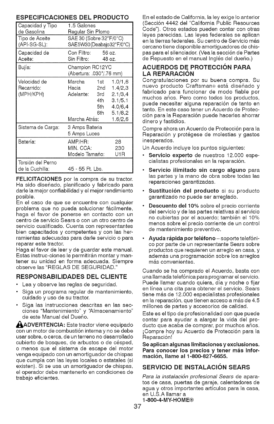 Para la instalación profesional sears | Craftsman 917.28907 User Manual | Page 37 / 64