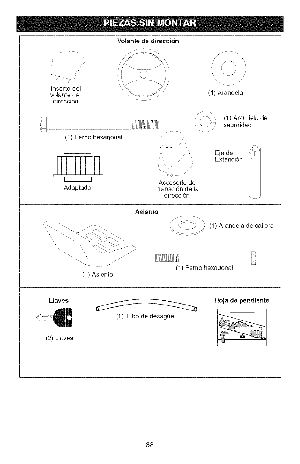 Piezas sin montar, Volante de dirección, Asiento | Llaves | Craftsman 917.28907 User Manual | Page 38 / 64