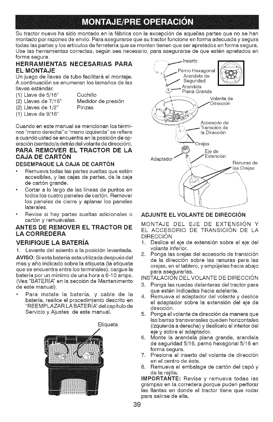 Montaje/pre operacion | Craftsman 917.28907 User Manual | Page 39 / 64