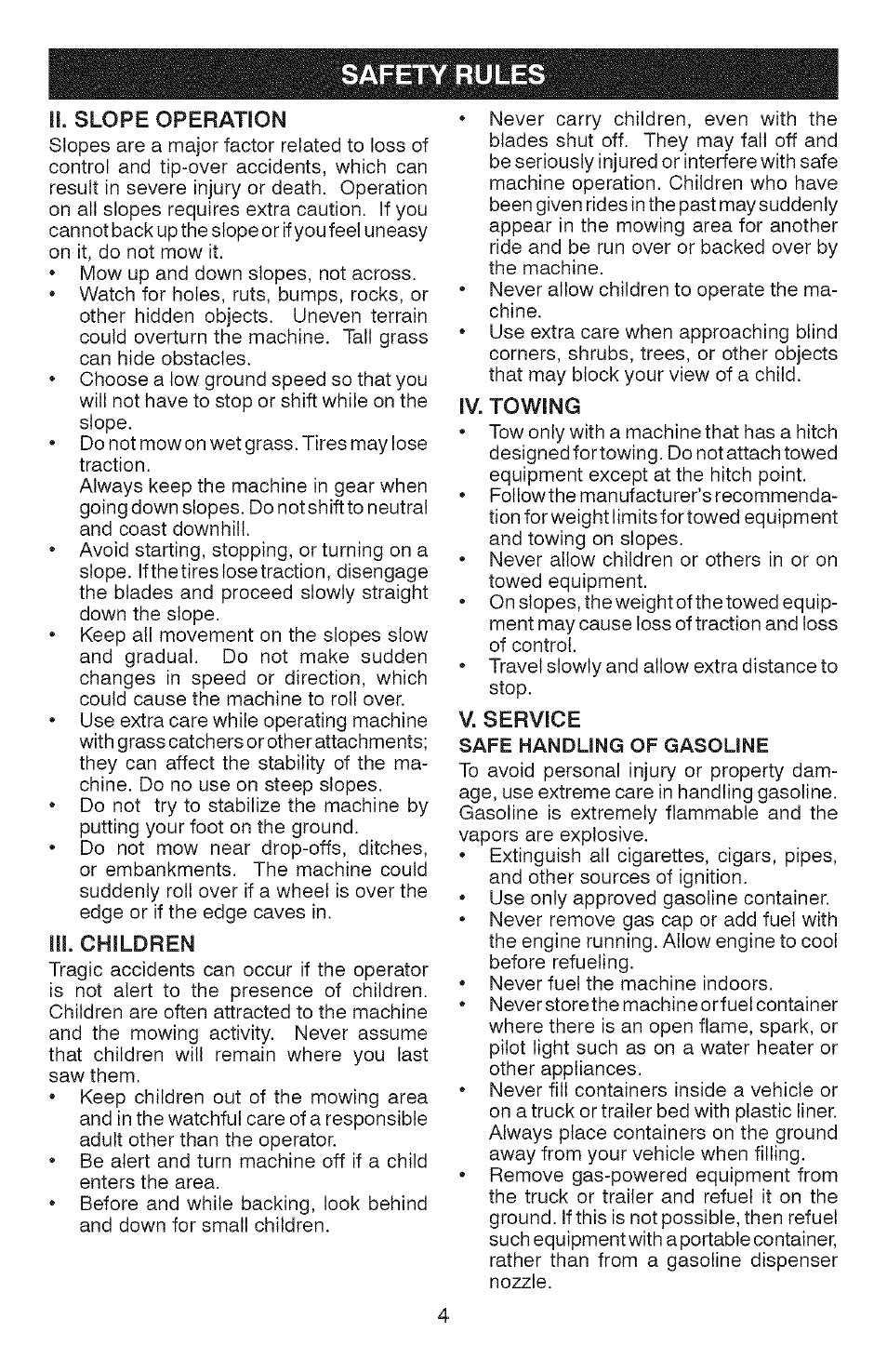 Iii. children, Iv. towing, V. service | Safety rules | Craftsman 917.28907 User Manual | Page 4 / 64