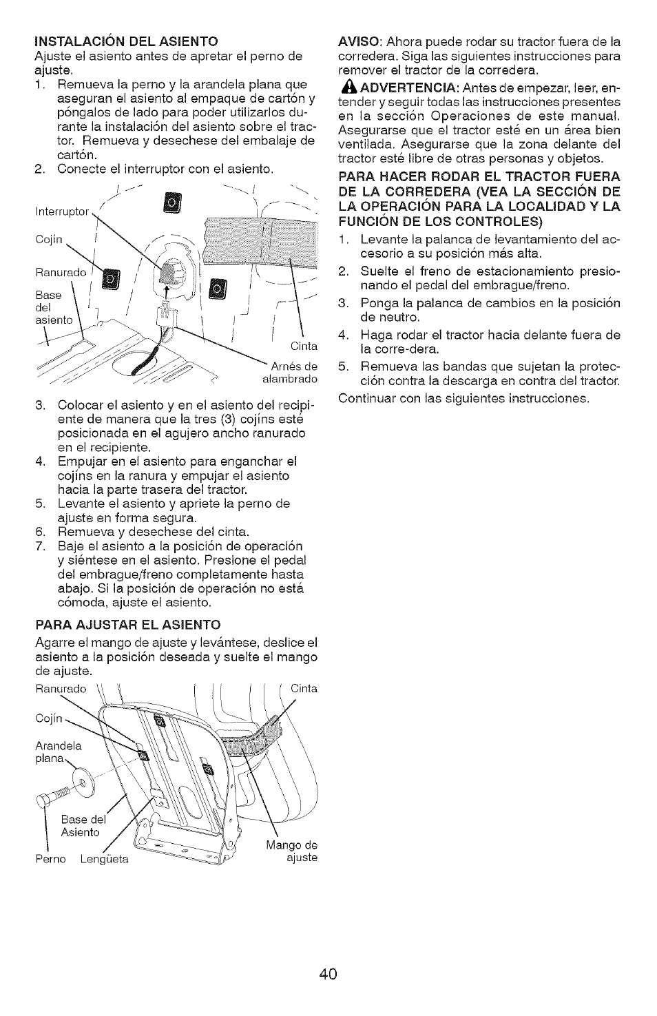 Instalación del asiento, Para ajustar el asiento | Craftsman 917.28907 User Manual | Page 40 / 64