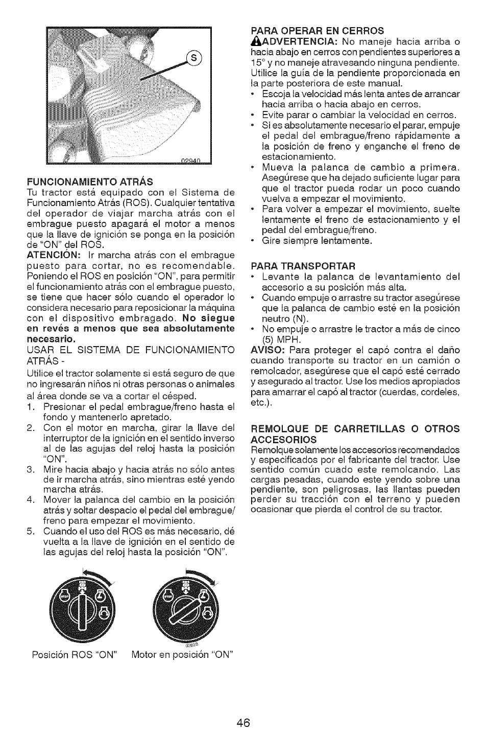 Funcionamiento atrás, Para transportar, Remolque de carretillas o otros accesorios | Craftsman 917.28907 User Manual | Page 46 / 64