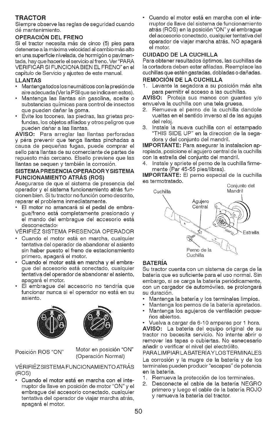 Cuidado de la cuchilla, Batería | Craftsman 917.28907 User Manual | Page 50 / 64